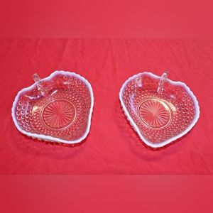 TWO Vintage Moonstone Opalescent Glass Hobnail Crimped Edge Candy Dishes